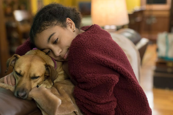 Image of child hugging dog